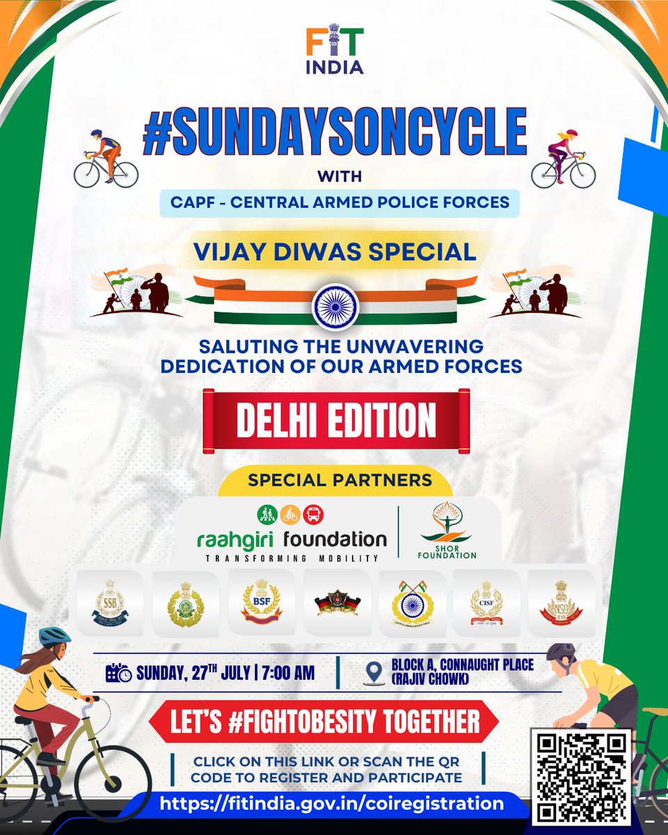FitIndiaOff's tweet image. #SundaysOnCycle Diwas Special edition in Delhi🇮🇳🚴♀️
Join us for a powerful ride with the Central Armed Police Forces (CAPF) as we salute the unwavering dedication of our national heroes.
Check this out for more details! See you all on Sunday ❤️
#FightObesity
#Pedal2Fitness…
