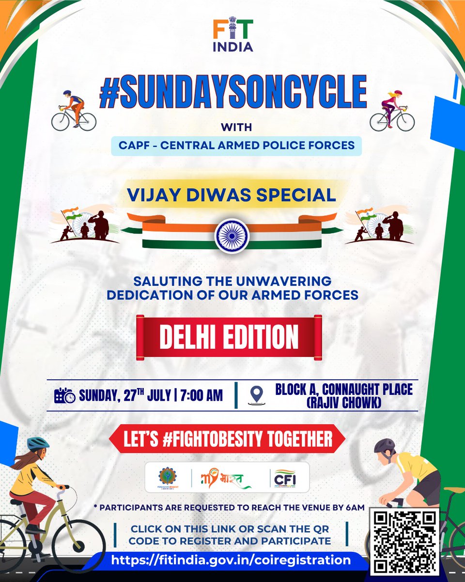FitIndiaOff's tweet image. #SundaysOnCycle Diwas Special edition in Delhi🇮🇳🚴♀️
Join us for a powerful ride with the Central Armed Police Forces (CAPF) as we salute the unwavering dedication of our national heroes.
Check this out for more details! See you all on Sunday ❤️
#FightObesity
#Pedal2Fitness…