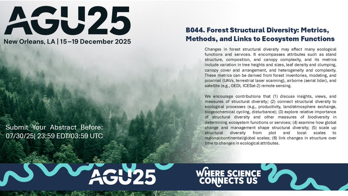 Jingfeng Xiao (@globalecolunh) on Twitter photo You are welcomed to submit an abstract to our AGU session "Forest Structural Diversity: Metrics, Methods, and Links to Ecosystem Functions". Conveners: <a href="/atkinsjeff/">Jeff Atkins š³š²š</a>, <a href="/QinfengGuo/">Qinfeng Guo</a>, <a href="/erin__crockett/">Erin Crockett</a>, & myself).
Our invited speakers are:
Catherine Fahey (SERC)
Ruben Valbuena (SUL) You are welcomed to submit an abstract to our AGU session "Forest Structural Diversity: Metrics, Methods, and Links to Ecosystem Functions". Conveners: <a href="/atkinsjeff/">Jeff Atkins š³š²š</a>, <a href="/QinfengGuo/">Qinfeng Guo</a>, <a href="/erin__crockett/">Erin Crockett</a>, & myself).
Our invited speakers are:
Catherine Fahey (SERC)
Ruben Valbuena (SUL)