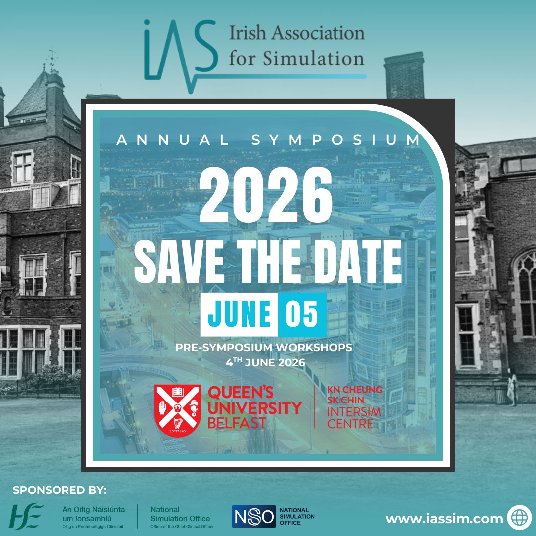 QUB Simulation Centre (@qubintersim) on Twitter photo ๐๏ธ Save the Date!
The Irish Association for Simulation & <a href="/QUBInterSim/">QUB Simulation Centre</a> are proud to host the IAS Annual Symposium 2026 in Belfast!
๐ Queenโs University Belfast
๐
Main Symposium: June 5th
๐ ๏ธ Pre-symposium Workshops: June 4th
More info coming soon
#IAS2026 ๐๏ธ Save the Date!
The Irish Association for Simulation & <a href="/QUBInterSim/">QUB Simulation Centre</a> are proud to host the IAS Annual Symposium 2026 in Belfast!
๐ Queenโs University Belfast
๐
Main Symposium: June 5th
๐ ๏ธ Pre-symposium Workshops: June 4th
More info coming soon
#IAS2026