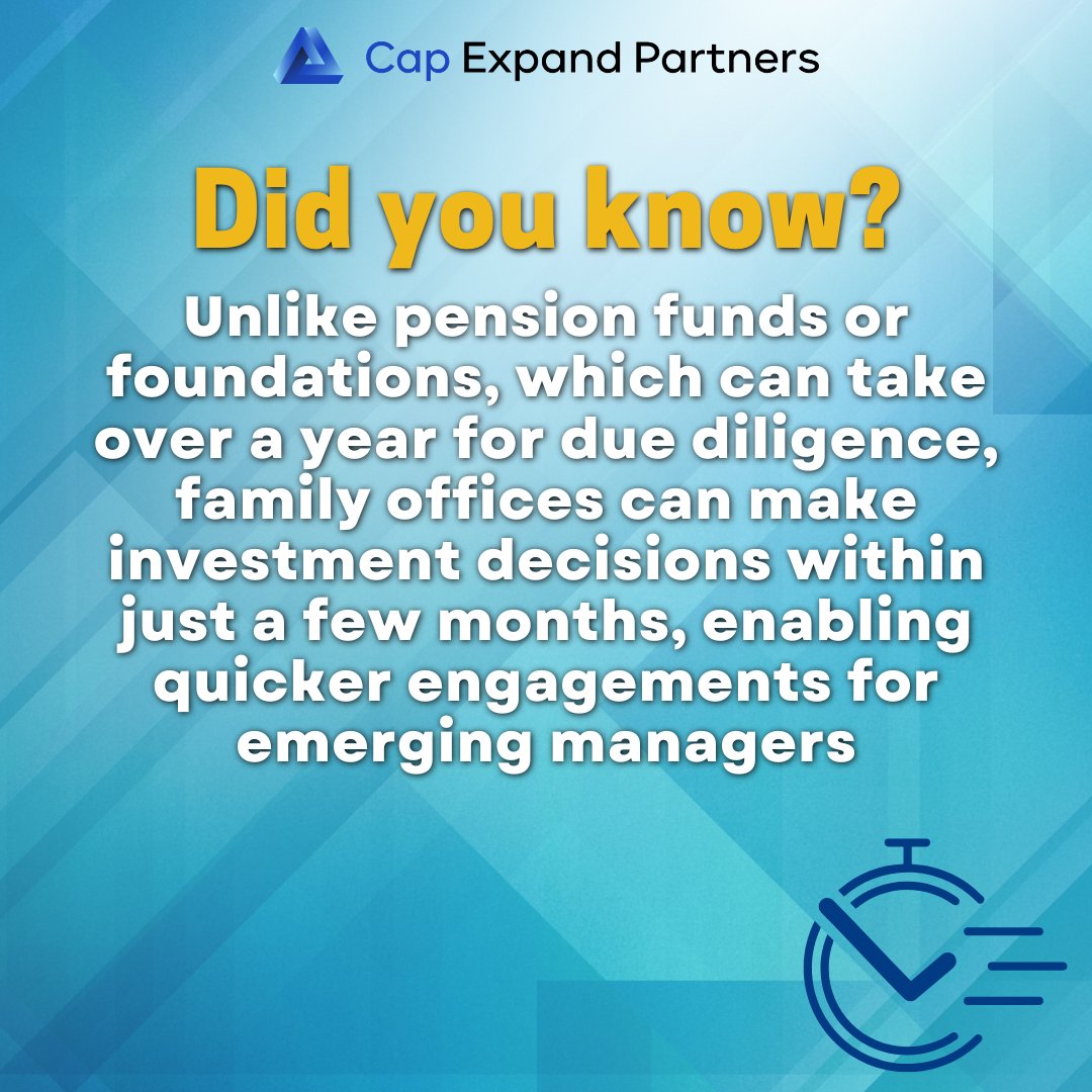 ExpandCap's tweet photo. #Familyoffices: Speed demons in fundraising! 🏎️💨 Unlike slow-moving pensions, they decide in months, not years. Emerging managers: This means faster capital access! Want investors who value agility? 

We can help. ➡️ https://t.co/4EHszQqpZ5 https://t.co/RHVX4kqSMl