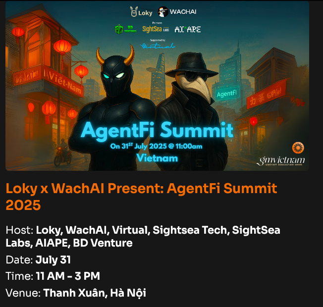 Loky_AI's tweet image. Hanoi, you ready? 🇻🇳
We’re hosting a lowkey high-signal meetup for the sharpest minds in the onchain agent space.
Who is it for?
- Infra founders
- Agent devs
- DeFi tacticians
- Protocol architects
When and where?
📍 HaNoi, Vietnam
📅 July 31st | 11 AM onwards
🎟 Register…