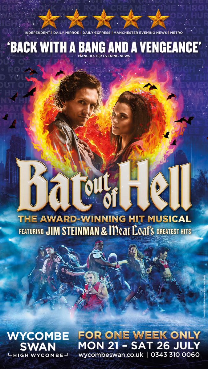 wycombegigs's tweet image. Bat out of Hell - The Musical
Was offered late tickets for this show at Wycombe Swan and came away absolutely in awe of the performance. Full live band, LP versions of the #BatOutOfHell classics, stunning set, plus chance to use my 'Vac out of Hell' dad joke at the interval 🏍