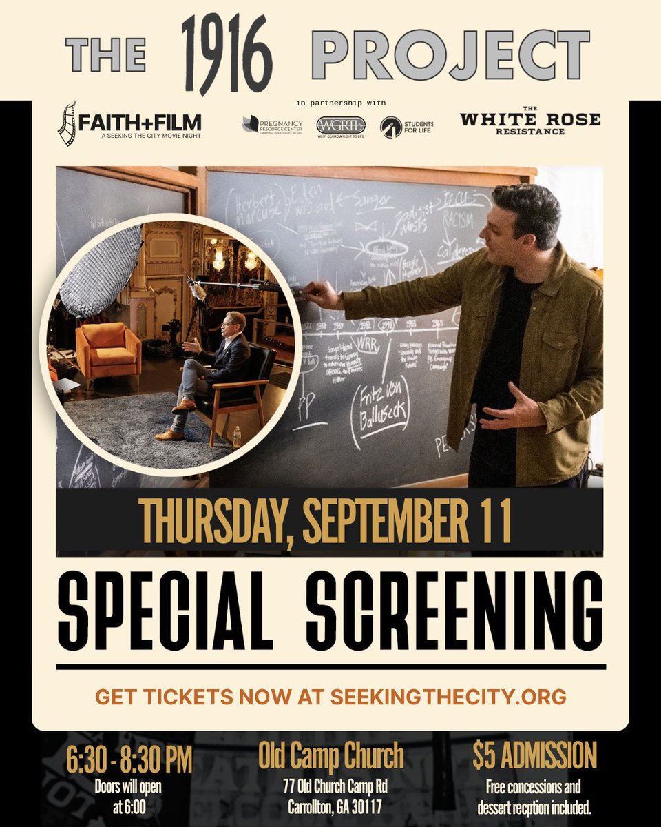 Don’t miss this special screening of The 1916 Project—A powerful documentary exposing the roots of abortion culture and moral decline in America.

Thursday, Sept 11 | 6:30 PM
Old Camp Church, Carrollton, GA
$5 admission | Free dessert reception

Includes panel discussion with