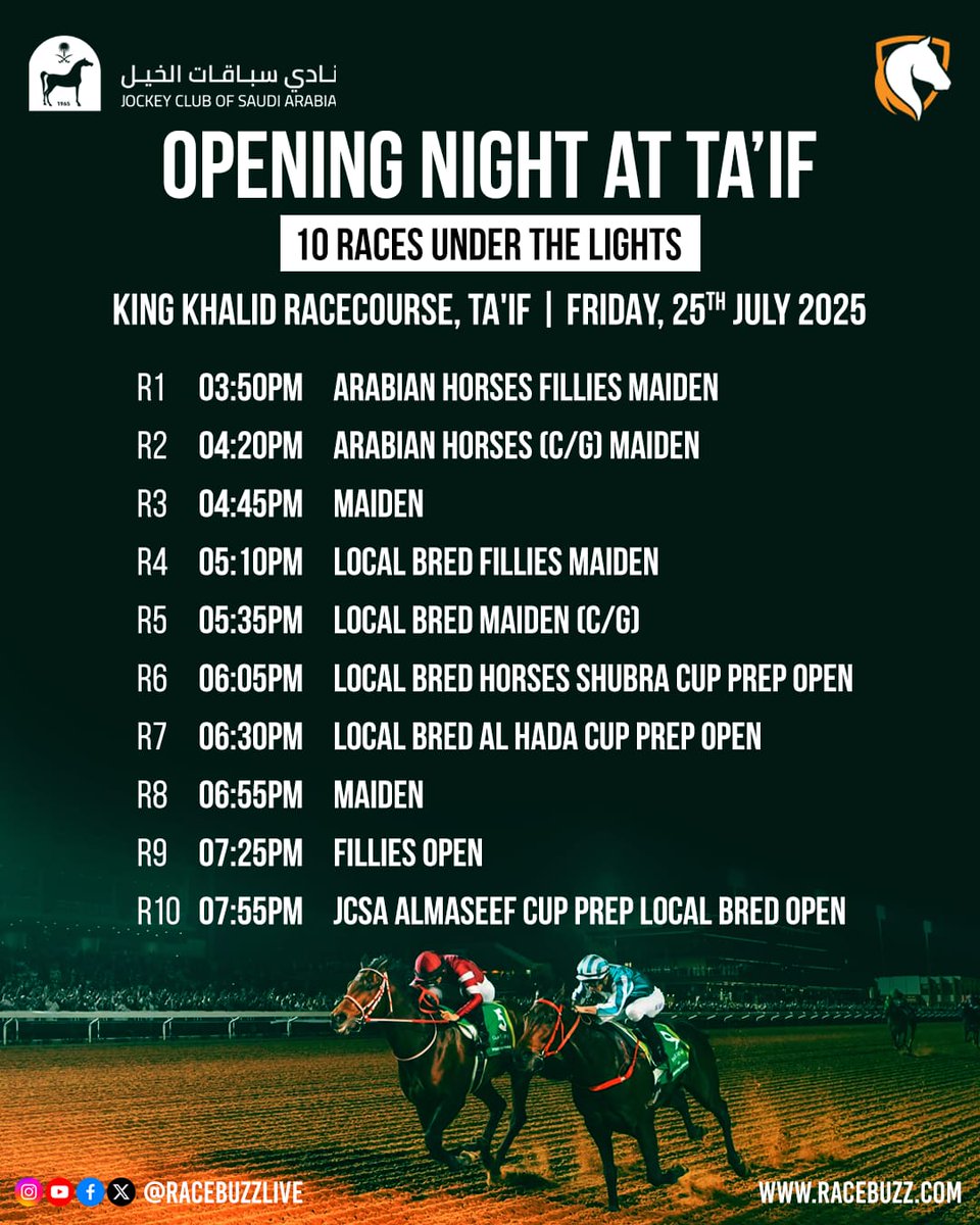 Racebuzzlive's tweet image. 🌟 Opening Night at Ta’if!

📍 King Khalid Racecourse | 🗓️ Friday, July 25

10 races under the lights — including Shubra, Al Hada &amp;amp; Almaseef Cup preps 🔥

🏇 First race: 3:50 PM | Last: 7:55 PM

@JCSA_Racing @TheSaudiCup
#JCSA #TaifRaces #SaudiRacing #OpeningNight #RaceBuzz