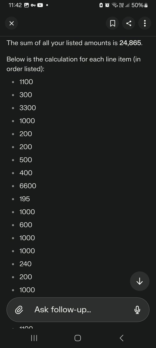 AryanMittal27's tweet photo. @AskPerplexity @perplexity_ai @AravSrinivas @randomjohnnyh @andykonwinski @denisyarats @airtelindia I noticed an issue with the "Pro" version. I asked it to calculate a basic weekly budget with 15–20 numeric values. https://t.co/0wJFd0mmDn