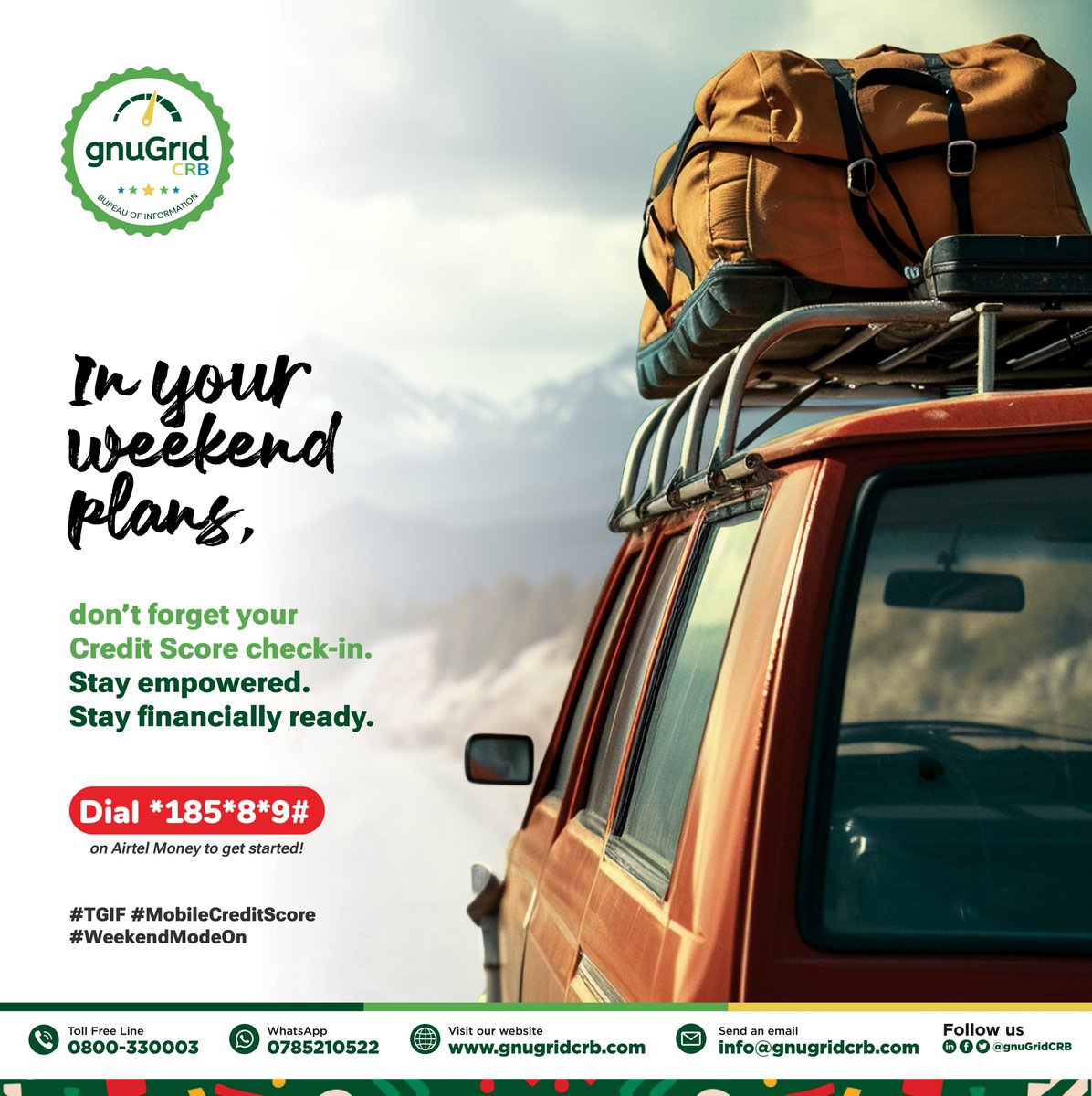 TGIF vibes only!

But before you hit the road, binge-watch that series, or unwind, take 2 minutes to check your credit score.

You never know when opportunity might call and your score could be the deal maker.

👉 Dial *185*8*9# now
#FinancialInclusion #MoneyMatters #TGIF
