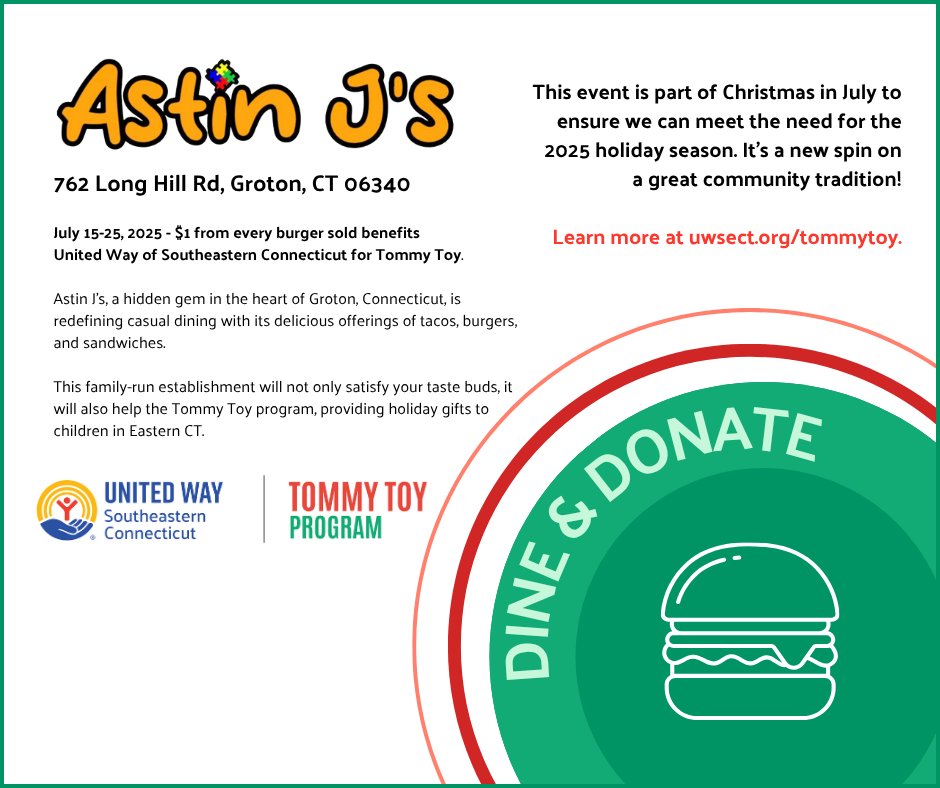 UnitedWaySECT's tweet image. Last day to get a burger at Astin J's to benefit #TommyToy! #UnitedistheWay #ChristmasinJuly 🍔🎄