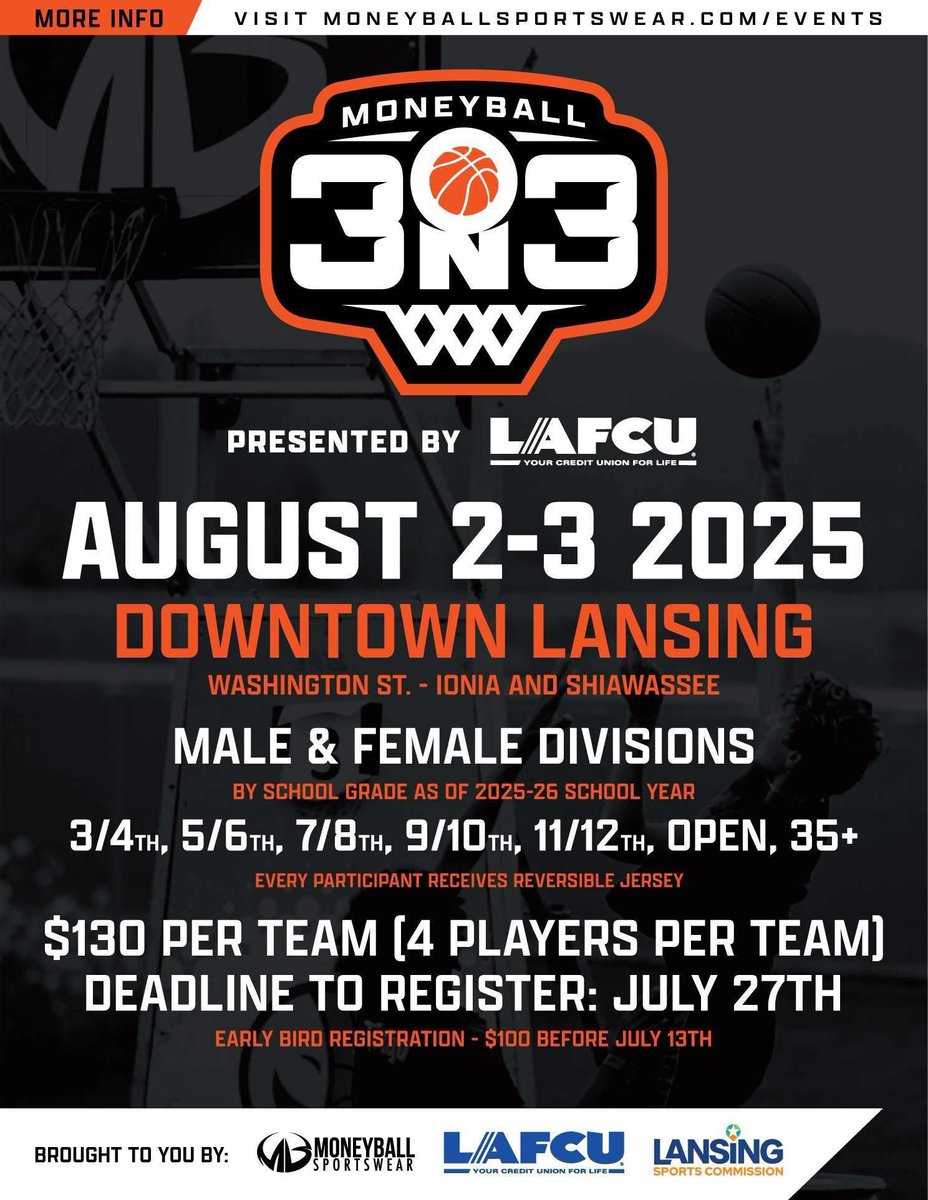 iamMoneyball's tweet image. Moneyball 3on3 Basketball Tournament next weekend, downtown Lansing. Bringing back that old Gus Macker feel!
We need more teams signed up for all ages. Please spread the word and get your team registered today. Thanks!
shop.moneyballsportswear.com/lansing-moneyb…