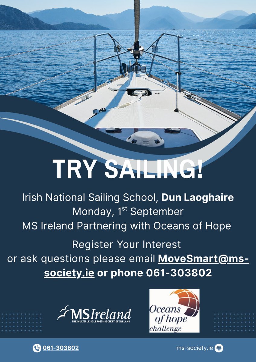MSIRELAND's tweet image. Curious about sailing?
Join us in Dun Laoghaire on Mon 1st Sept for a Try Sailing Day with MS Ireland & Oceans of Hope.
👉 Register your interest: shorturl.at/X112a