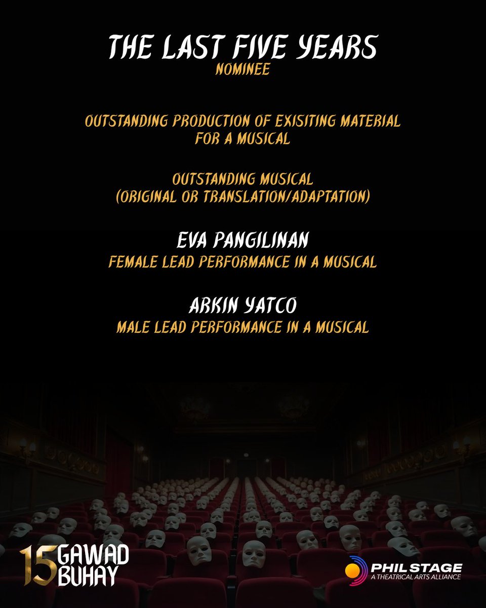 𝗧𝗵𝗲 𝗟𝗮𝘀𝘁 𝗙𝗶𝘃𝗲 𝗬𝗲𝗮𝗿𝘀 is nominated for four categories at the 𝟭𝟱𝘁𝗵 𝗚𝗮𝘄𝗮𝗱 𝗕𝘂𝗵𝗮𝘆 𝗔𝘄𝗮𝗿𝗱𝘀! I'm happy to share this news with the staff and, of course, with <a href="/arkichins/">arkin</a>!

See you on July 30th at 𝗔𝗹𝗶𝘄 𝗧𝗵𝗲𝗮𝘁𝗲𝗿! 🎭