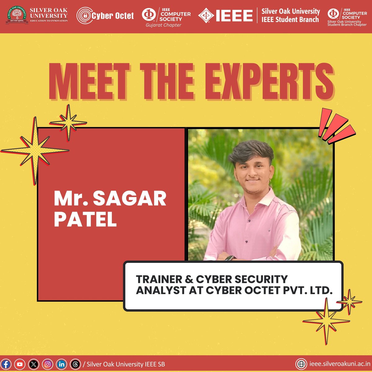 IEEE_SilverOak's tweet photo. Unveiling the visionaries of #Cybersecurity! #IEEECSGS, #IEEESOUSB &amp; #IEEESOUCSSBC with #CyberOctet, decrypts the expert lineup of CipherX: Decode the Digital Battlefield. From ethical hacking to #defence #strategies, these pioneers decode cyber riddles into solutions. #ieee #sou https://t.co/cRw7R8D68y