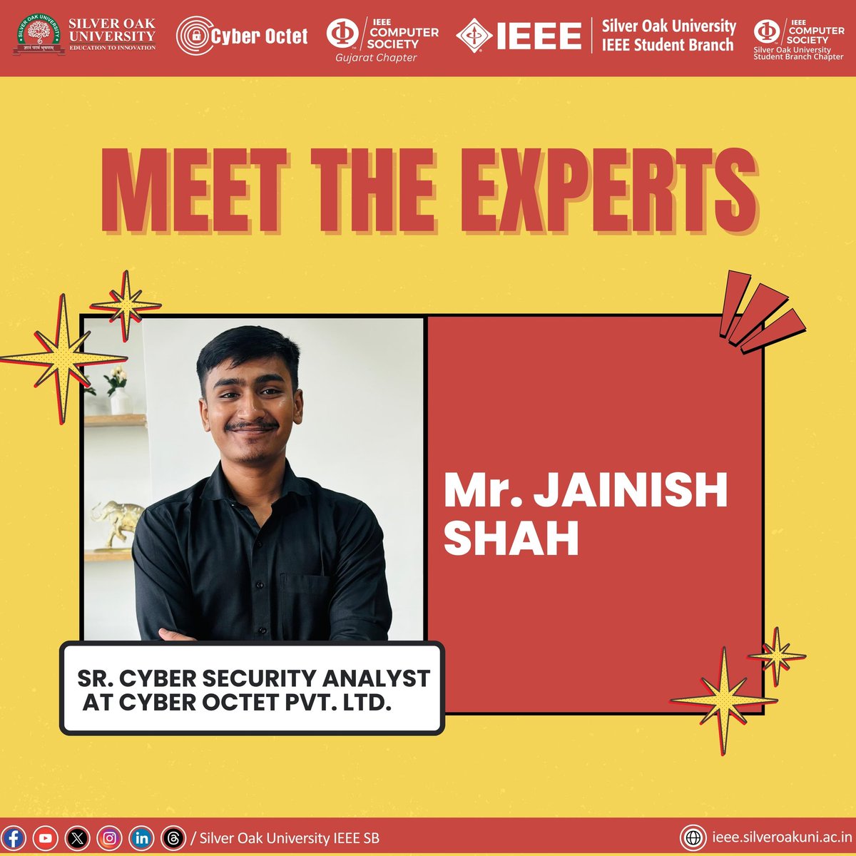 IEEE_SilverOak's tweet photo. Unveiling the visionaries of #Cybersecurity! #IEEECSGS, #IEEESOUSB &amp; #IEEESOUCSSBC with #CyberOctet, decrypts the expert lineup of CipherX: Decode the Digital Battlefield. From ethical hacking to #defence #strategies, these pioneers decode cyber riddles into solutions. #ieee #sou https://t.co/cRw7R8D68y