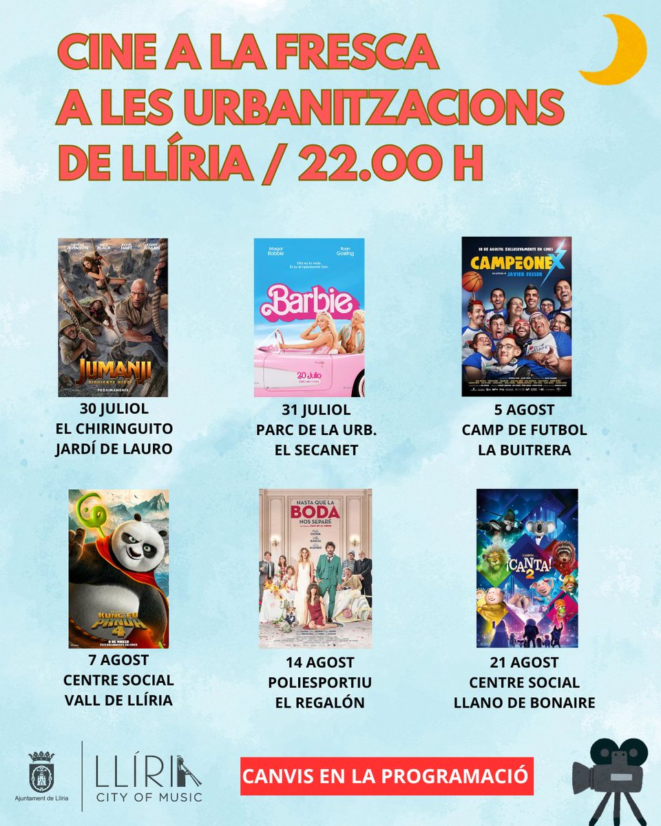 📣AVÍS: 'CINE A LA FRESCA'
🎥A causa del mal temps ahir es va haver de suspendre la projecció de la pel·lícula "Jumanji" a Jardí de Lauro, que es trasllada al 30 de juliol.
També s'han produït altres canvis en la programació prevista.
Consulta ací el programa definitiu 👇