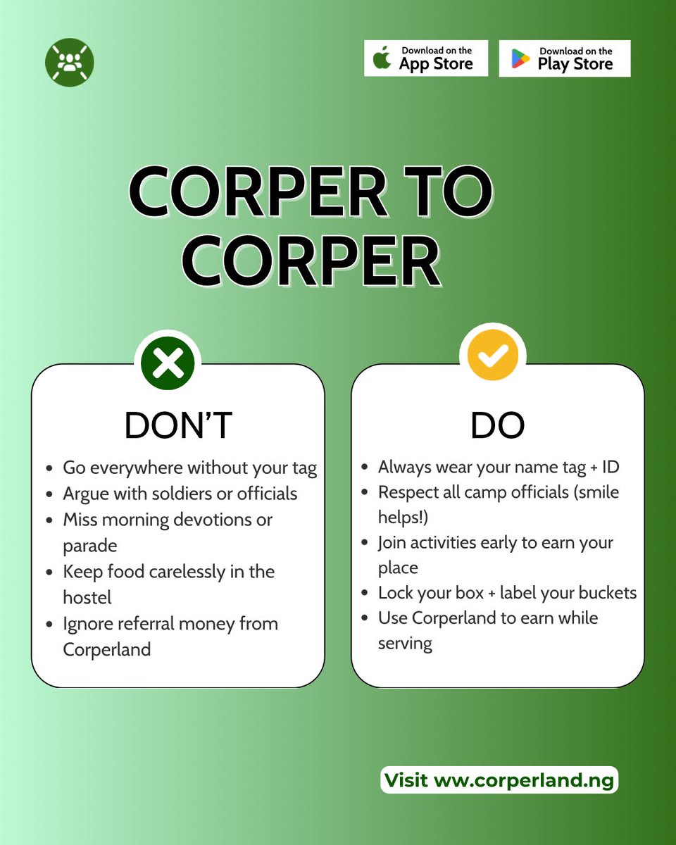 corperland's tweet image. Hey Corper! Don't say nobody told you...
Camp can be sweet if you play your cards right. Study these DOs & DON'Ts before wahala finds you.
✅ Make smart moves
💴 Earn referral cash with Corperland
📱 Download the app now & thank us later
#NYSC2025 #CampLife #CorperTips…