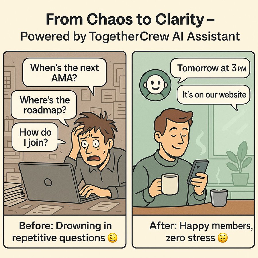 together_crew's tweet image. Tired of waking up to a flood of unanswered questions?  

Let our AI Assistant do the heavy lifting, with instant automated support to all member questions

Community managers are saving hours every week, with happier members &amp;amp; zero stress