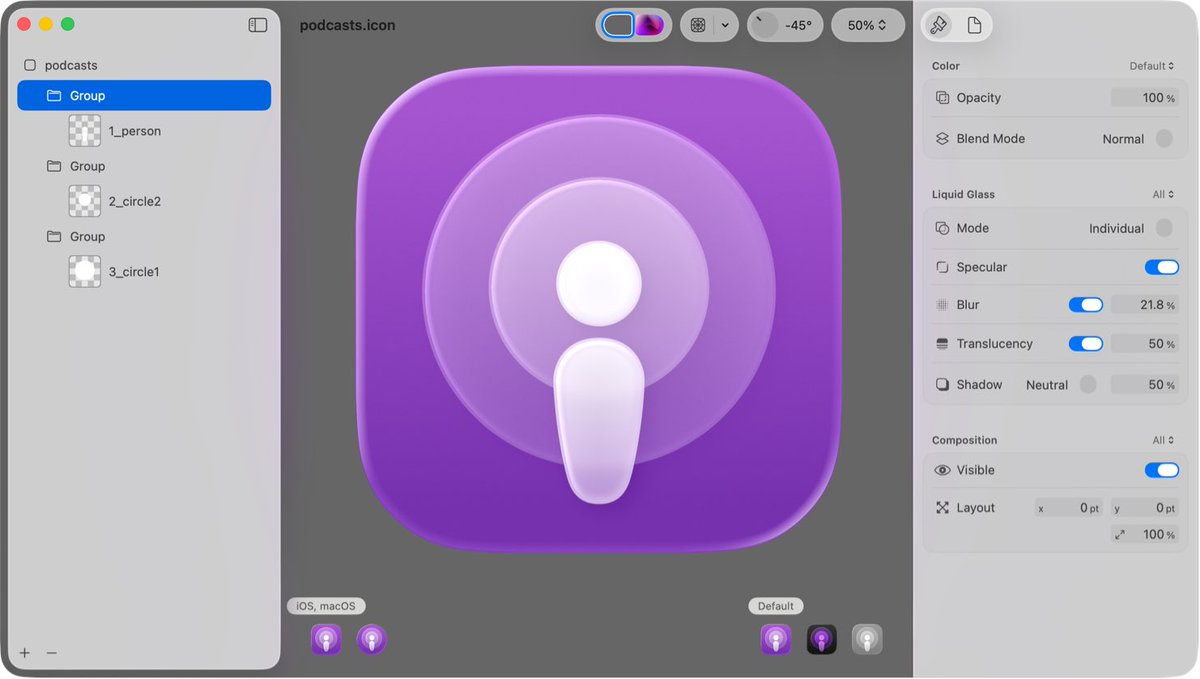 💡 How to craft Liquid Glass app icons

You need to
1️⃣ Create app icon layers in Figma
2️⃣ Drag &amp; drop layers to Icon Composer (new app released by Apple at WWDC25)

Icon Composer helps adding a background, adjust layer attributes (i.e., opacity), and preview design natively