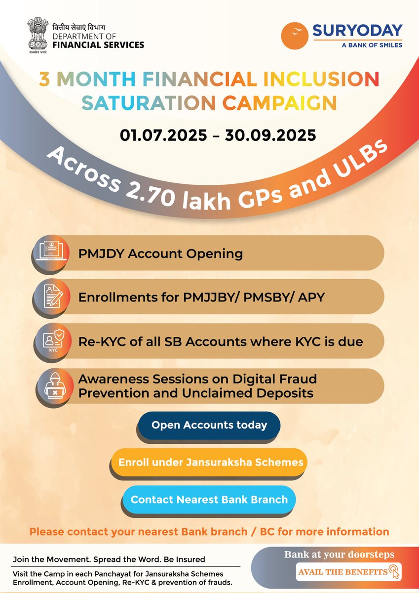 From 1/07/25 to 30/08/25, we’re joining the nationwide #FinancialInclusion campaign to bring essential government-backed schemes like #PMJDY, #PMJJBY, #PMSBY, &amp; #APY closer to you—right at your Gram Panchayat level.

#Bankingforall #JanDhanToJanSuraksha #YourBankYourSupport