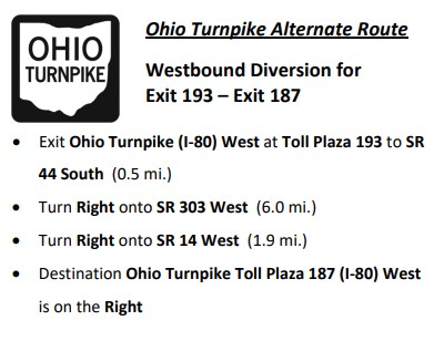 OhioTurnpike's tweet image. TRAFFIC ALERT – Westbound traffic on the Ohio Turnpike is currently being diverted at Toll Plaza 193 (Ravenna) in Portage County due to a crash. Please use the following detour: