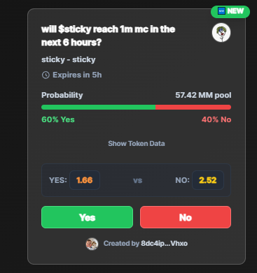 gCat_gg's tweet photo. will $sticky reach 1m in the next 6 hours? 

market is now active on the polymarket of memecoins , @mememarket_mm 

place your prediction with virtual tokens here - https://t.co/00FAsLx2IH

i betted on yes , what do you say? yes or not? https://t.co/V5odOwVKH6