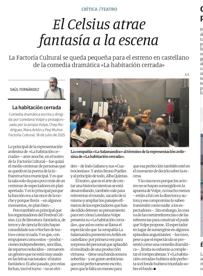 JorgeIvanArgiz's tweet image. Y, como en toda obra de teatro que se precie que pasa por Avilés, la crítica de @SaulFdez en @lanuevaespana no podía faltar.
Aquí os dejo lo que escribió sobre, LA HABITACIÓN CERRADA, la obra de @loredanavolpe para La Noche del Teatro del #celsius2025 @festivalcelsius