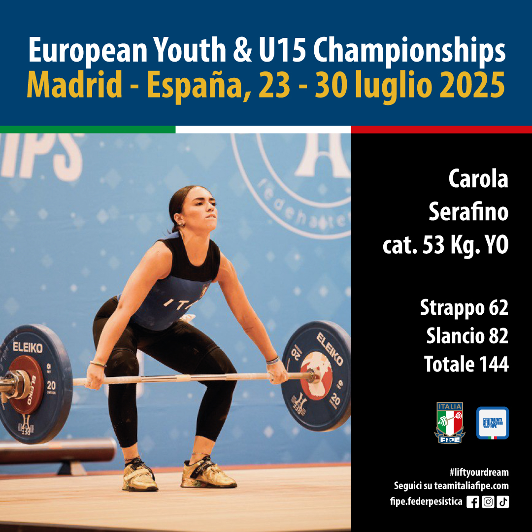 Campionati Europei Youth &amp; Under 15 2025 - Madrid
🇪🇸
CAROLA SERAFINO
Cat. 53 kg Youth
✔️ strappo 62 kg
✔️ slancio 82 kg
✔️ totale 144 kg
10° posizione
🏋
Brava Carola!
💪
#carolaserafino #talentiazzurrifipe #LiftYourDream #weightlifting #fipe