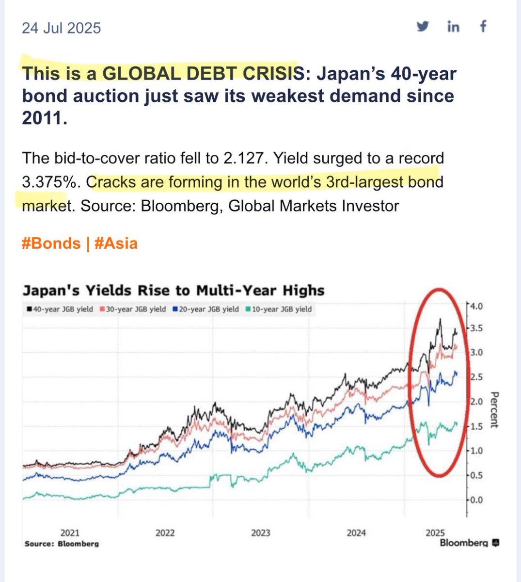 ‼️ JUST IN: GLOBAL DEBT CRISIS DEEPENS—&gt;CRACKS FORMING IN THE WORLD’S LARGEST BOND MARKET AS JAPAN’S 40-YEAR AUCTION COLLAPSES‼️

In simple terms: Expect more money to rotate into crypto as trust in government debt erodes.😶‍🌫️

👇