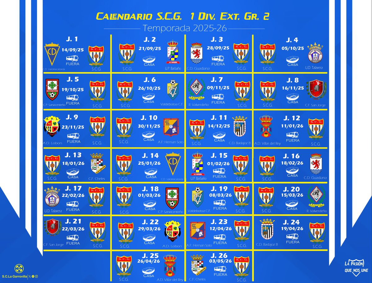 🔹CALENDARIO 2025/2026
 
🆙 Recorre con nosotros las 26 jornadas de liga y descubre múltiples formas de disfrutar del fútbol

🔛 Tu afán por un club puede comenzar desde la pretemporada

➡️ Los días de partido no se harán abonos

#LaPasiónQueNosUne⚽💙
