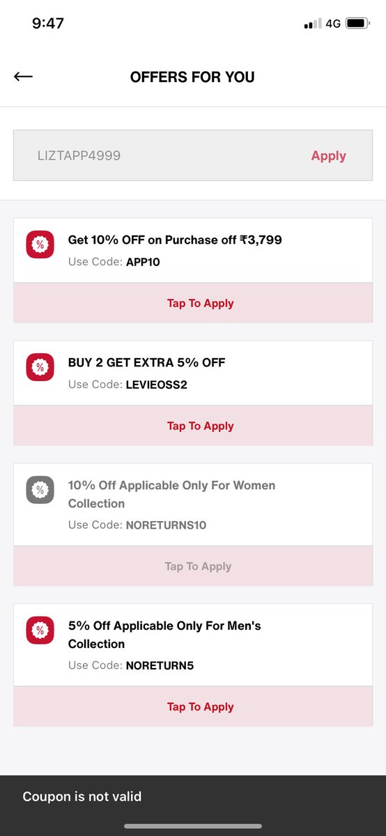 yesdauyes's tweet photo. What kind of fraud is this? @zomato says you get discount through coupon, @LEVIS says code invalid. 🤣 https://t.co/GHfumxpj5n