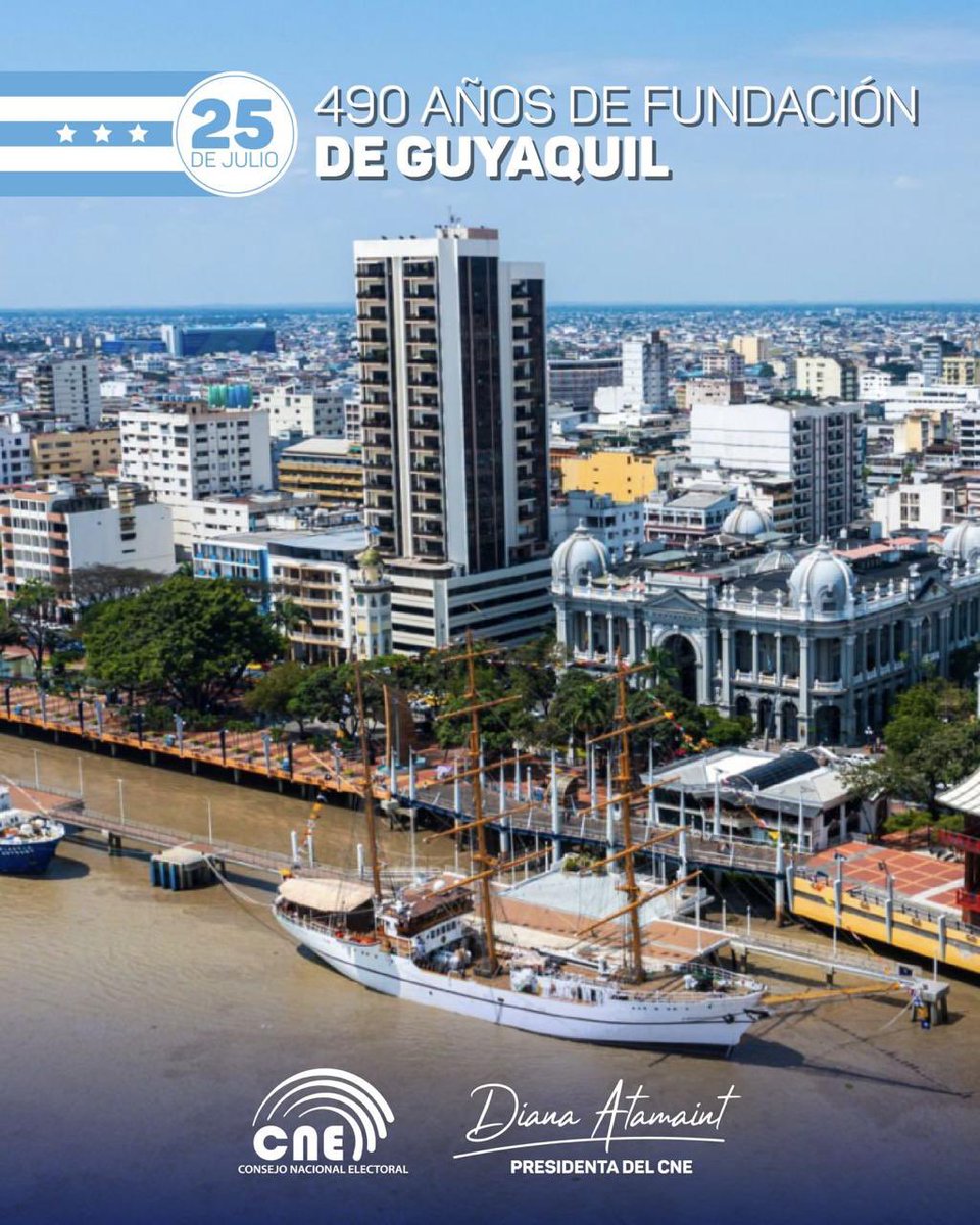 Celebramos los 4️⃣9️⃣0️⃣ años de la ‘Perla del Pacífico’, ciudad resiliente y llena de historia. Guayaquil es grande por su gente, que inspira desarrollo y democracia. 

¡Felices fiestas!