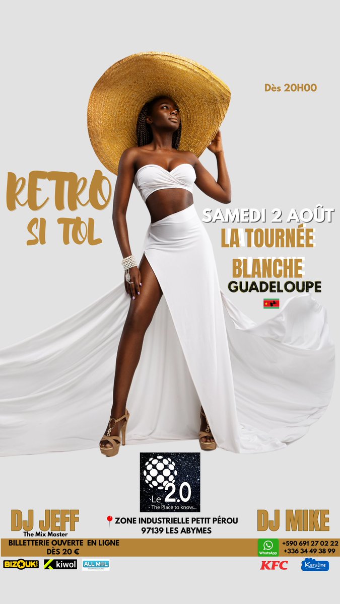Rétro Si Tol édition Guadeloupe 
🗓️ Samedi 2 août 2025 dès 20h 
📍 Le 2.0 Zone artisanale de Petit Pérou 
97139 Les Abymes 
🎟️ La billetterie est ouverte
-Bizouk : my.bizouk.com/retro-si-tol-g…
-Kiwol : kiwol.co/jtaw3
-All Mol : bit.ly/4kK0ozo