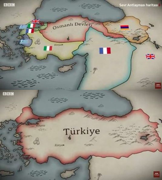 Üstte, Vahdettin'in imzaladığı Sevr antlaşması haritası.

Altta, Atatürk'ün imzaladığı Lozan antlaşması. Hadi şimdi gidin Osmancılık oynayın..