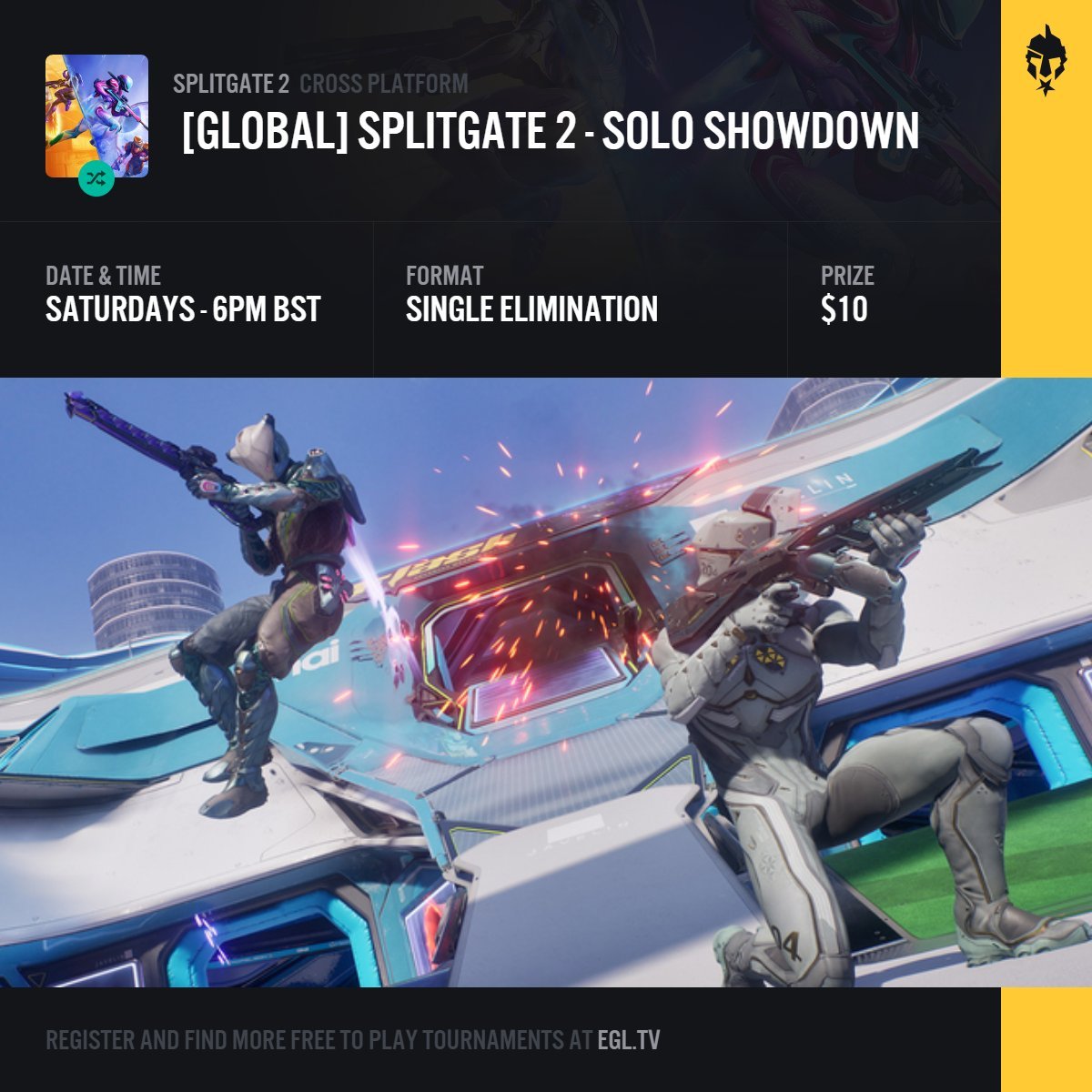 EGL's tweet image. 🚨Tomorrow is Saturday which means another @Splitgate 1v1 Showdown! 🚨
🗓️ Tomorrow | 💰 Free Entry + $10 Prize
🎮 Best of 3 | 🗺️ Simulation Maps Only
🌍 Global | 🧠 All players welcome
🔗 Join now: egl.tv/tournament/8421