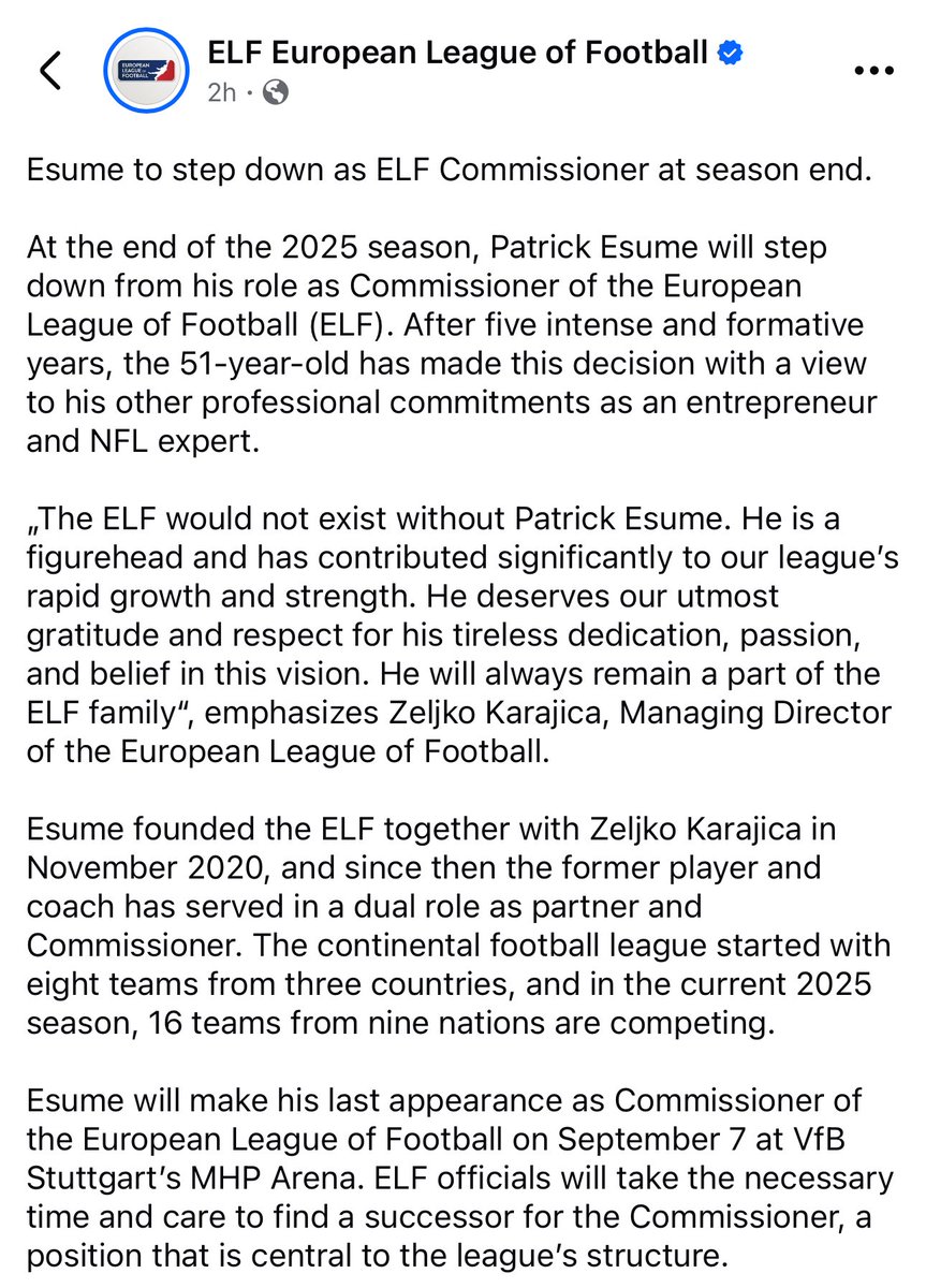 XFLMike's tweet image. NEWS:

Patrick Esume to step down as European League of Football commissioner at the end of the season.

Per @ELF_Official Announcement

#ELF #ELF2025