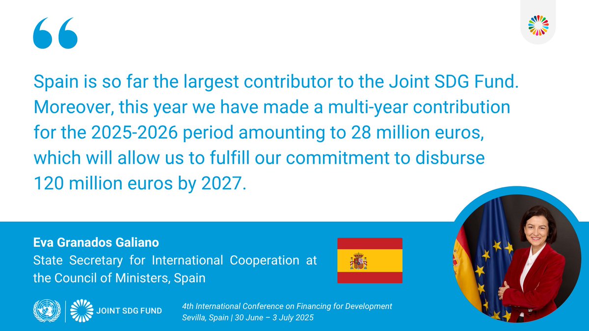 JointSDGFund's tweet image. At #FFD4, @Eva_Granados, 🇪🇸 Spain’s State Secretary for International Cooperation, reaffirmed Spain’s leadership as the largest contributor to @JointSDGFund—underscoring its multi-year commitment and strong support for pooled funding to advance the SDGs.