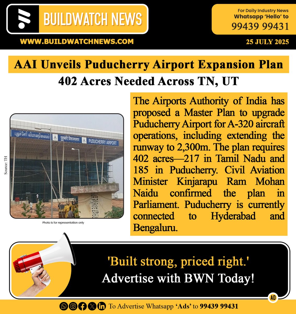 BuildWatchNEWS's tweet photo. AAI Unveils Puducherry Airport Expansion Plan; 402 Acres Needed Across TN, UT
🔗Read more: https://t.co/T3Fi3Wd2Qh
#PuducherryAirport #AAI #AviationExpansion #BWNPuducherryInfraNews #BWNAAIUpdates #BWNAAIUpdates #BWNRealty #BWNLandUpdates #BWNSouthConstructionNews https://t.co/x5lmBdvaqT