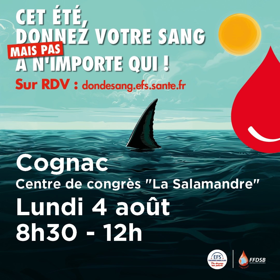 #DonDuSang : L'<a href="/EFS_dondesang/">Établissement français du sang</a> a besoin de vous pour sa collecte du mois d'août🩸

📅 Lundi 4 août
⏰ 8h30 - 12h
📍 Centre de congrès "La Salamandre" - #Cognac

👉 Pour réserver son rdv : mon-rdv-dondesang.efs.sante.fr