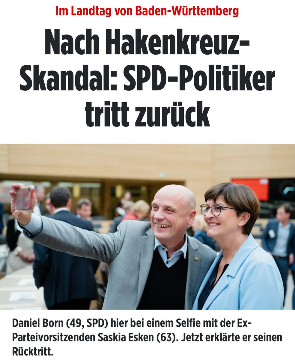 +++EIL+++

SPD-Politiker Daniel Born gab seinen Stimmzettel mit einem Hakenkreuz ab.

SPD und die Grünen beschuldigten sofort die AfD. Jetzt ist der Skandal aufgeflogen.

Peinlich: Landtagspräsidentin Muhterem Aras (Grüne) hatte sich auf ihrem Podium lautstark über den