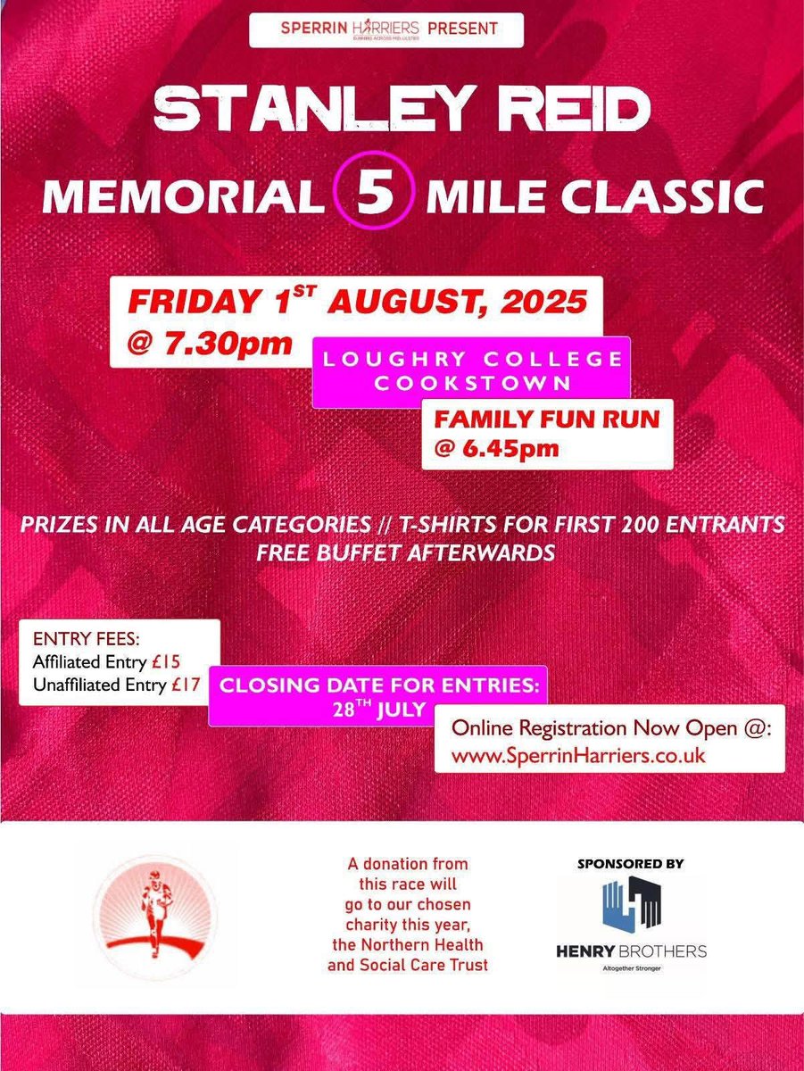 Henry Brothers is once again sponsoring the Stanley Reid Memorial 5 Mile Classic, hitting the roads on the 1st August 2025 at Loughry College, Cookstown. 

Online registration is now open - closing 28th July! 

#AltogetherStronger
