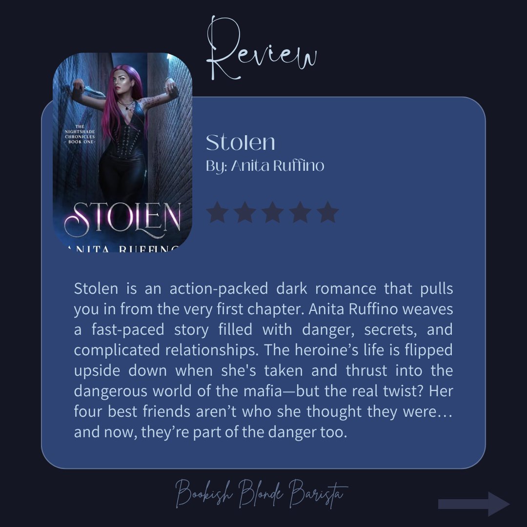 bookishbb's tweet image. Just devoured Stolen by Anita Ruffino
Spice, mafia tension, and four best friends who are WAY more than they seem 👀
🔥Spice: 4/5
💣Violence: 3.5/5
🧨Cliffhanger? Oh yes.
Dark romance lovers, add this to your TBR. #BookTwitter #SpicyReads #ReverseHarem #StolenByAnitaRuffino