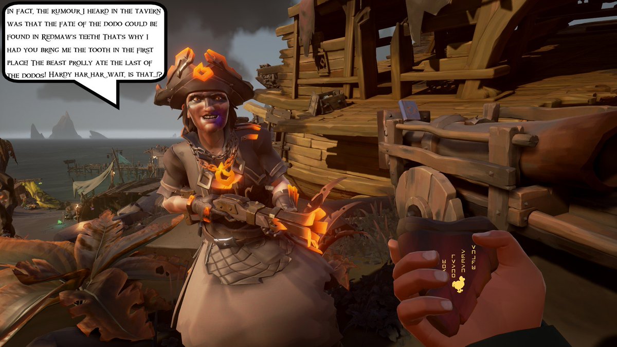 SkipperJimi's tweet image. The Quest for Dodos in #SeaOfThieves
🦤Day 786🦤
As Morrow tells Jimi about the rumor she heard in the tavern, cracks in the shark tooth begin to glow, forming strange symbols. Haven't we seen these before? 🧐
See a Dodo? Leave a comment!🧐(Three today... in addition to tooth!)