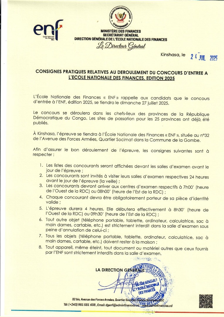 ENFRDC's tweet photo. Concours d'entrée à l'ENF.
Les listes des candidats retenus sont disponibles, ainsi que les consignes.

Consultez les documents publiés et respectez scrupuleusement les consignes.
Bonne chance à tous les candidats.

@IgfRdc @financesrdc @Presidence_RDC https://t.co/Bek22AN3Pq