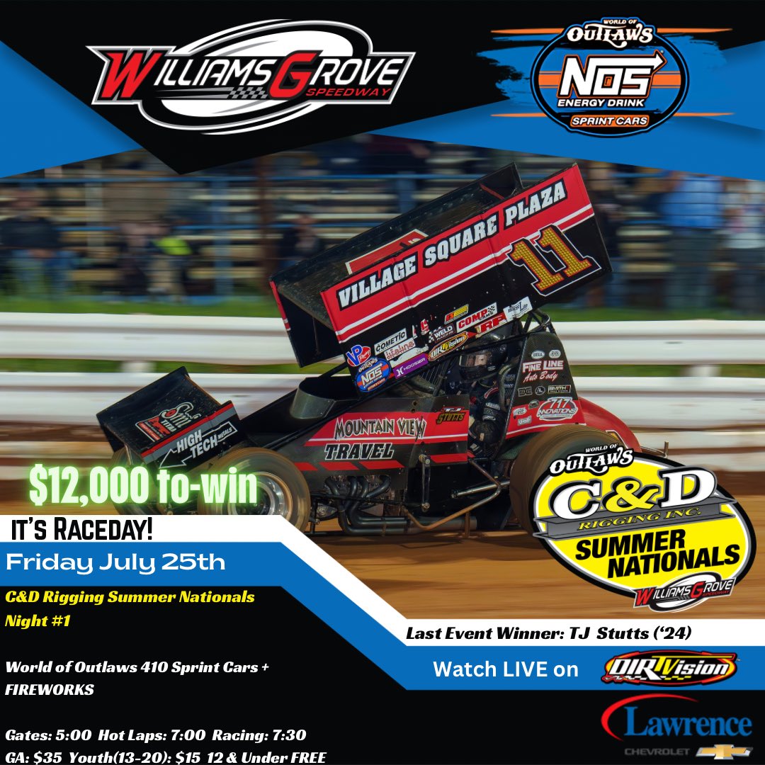WilliamsGrove's tweet image. ๐๐โ๐ ๐ฅ๐๐๐ ๐๐๐ฌ!
We kick off a big weekend of racing action with the @rigging_c Summer Nationals Night #1 featuring the stars of the @WorldofOutlaws Sprint Car Series and the Pennsylvania Posses best, battling for a $12,000 payday!
Fireworks will also be on the cardsโฆ