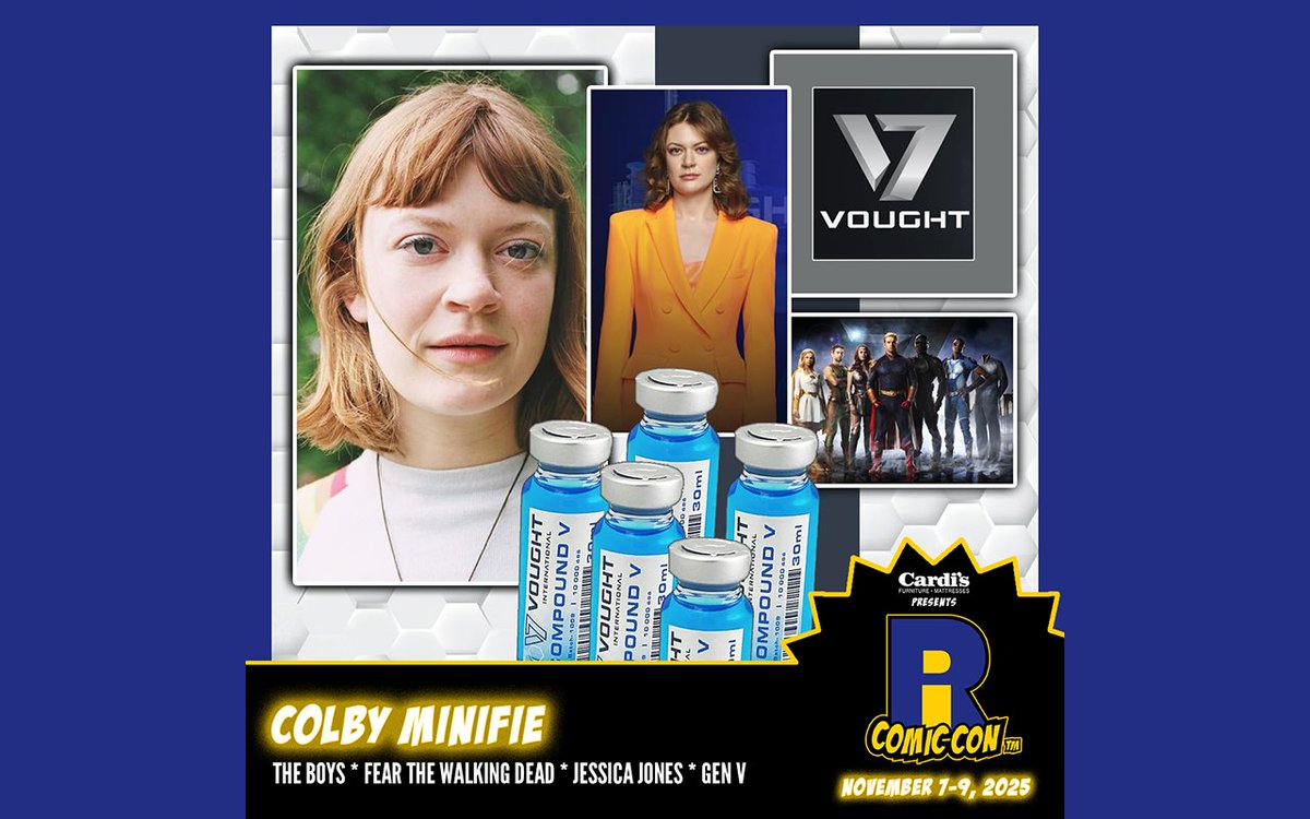 ricomiccon's tweet image. Please welcome Colby Minifie to #RICC2025 at @The_AMPPVD and @RIConvention! Colby is best known for her portrayal of Ashley Barrett from the Amazon Prime Video television series The Boys and Gen V. She also appeared in Fear the Walking Dead, Jessica Jones, and The Marvelous Mrs.…