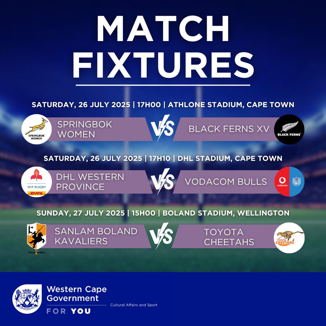 No Boks? No problem! 🏉🔥

🇿🇦 Springbok Women take on Black Ferns XV this Sat at Athlone.

💥 WP vs Bulls clash at DHL Stadium.

🐎 Boland vs Cheetahs hits Wellington on Sunday!

📍 Rugby’s happening right here - don’t miss it!