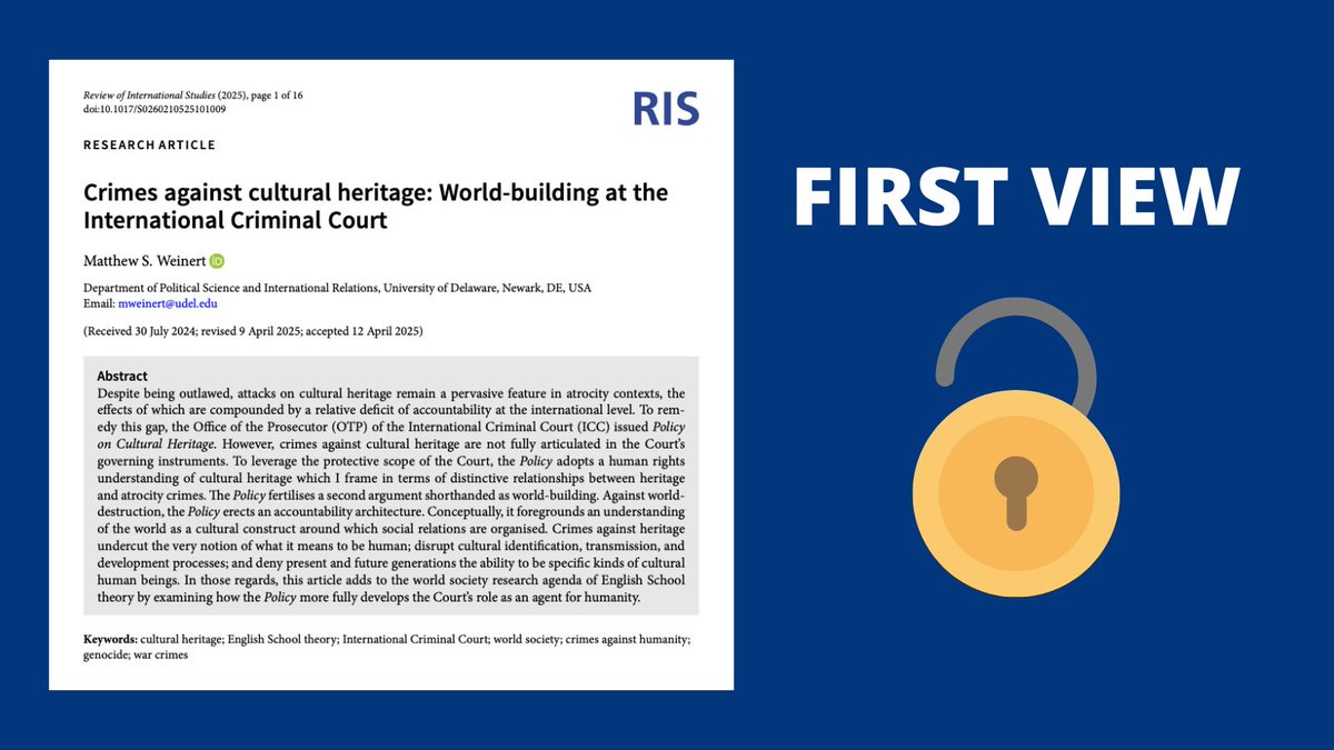 RISjnl's tweet image. 🚨New First View Article🚨
"Crimes against cultural heritage: World-building at the International Criminal Court" by Matthew S. Weinert is now available to read. And it's #OpenAccess!
Check it out here 📄 ➡️ buff.ly/1KodLtr