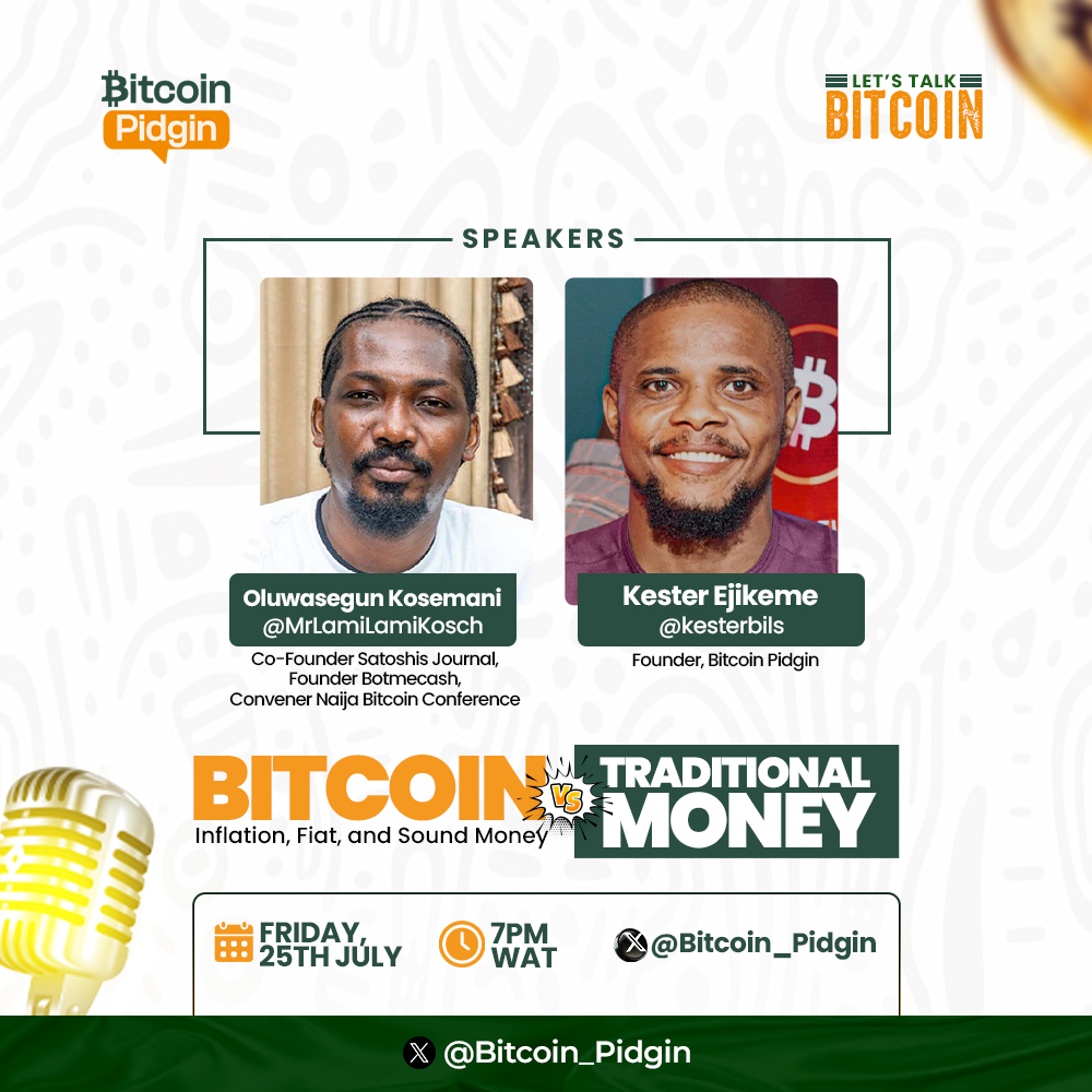 kesterbils's tweet image. Bitcoin vs Traditional Finance: Who Get Sense Pass?
Banks dey lock account, Naira dey fall, but Bitcoin just dey break record like DJ wey no wan gree stop.
Na why we bring @MrlamilamiKosch wey be expert for this kind matter make him tell us as e dey be for the matter.
Join our…
