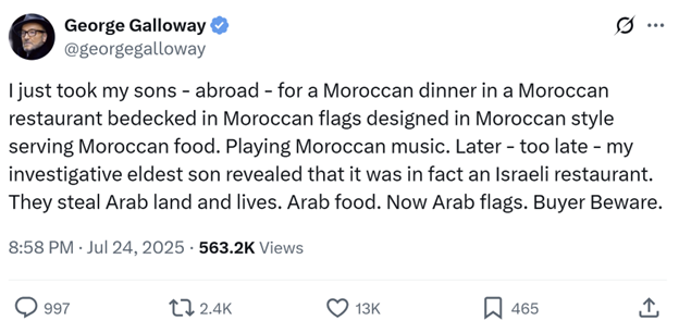 nathancofnas's tweet image. .@georgegalloway thinks that 1,000,000 Jews who were chased out of Morocco don't belong in Israel, and also that they have no business posing as Moroccans.
I'm curious, Mr Galloway, what food are Moroccan Jews allowed to eat? Where can they live on earth that isn't stolen land?