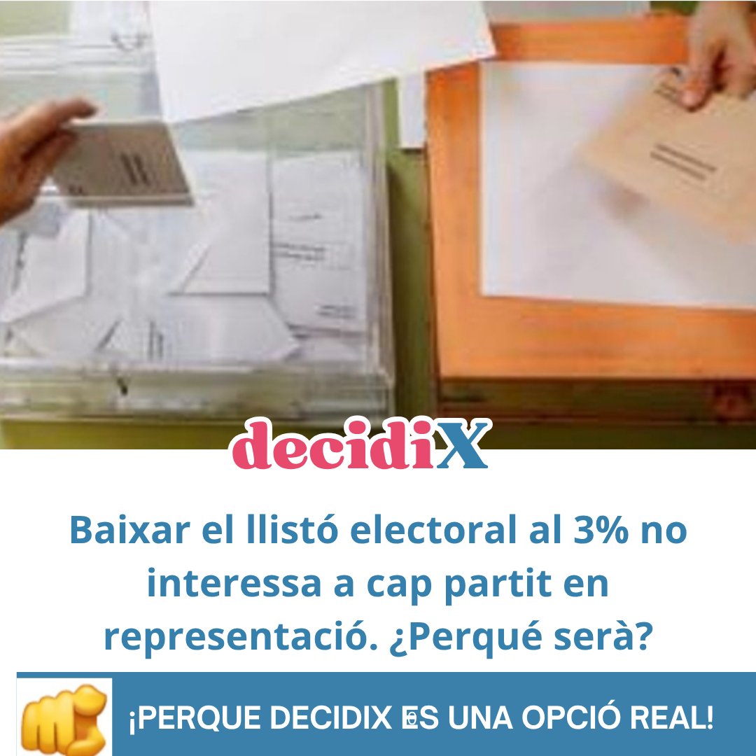 ✅️Volem rebaixar la barrera electoral autonòmica al 3 % provincial.

❇️Regeneració per a reflexar proporcional i fidelment la representació de l'electorat.

❌️ En contra els partits que fan un càrtel per a excloure'ns i els mijos que subvencionen en publicitat institucional.