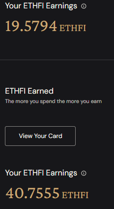 Estou usando o cartão da <a href="/ether_fi/">ether.fi</a> faz pouco mais de 2 semanas:

+ 92.22 dol de cashback
+ 59 ETHFI
+ Rendimentos de 8%APR do que tem no cartão

Está sendo uma experiência bem massa. Completando 1 mês quero ver como ficarei.